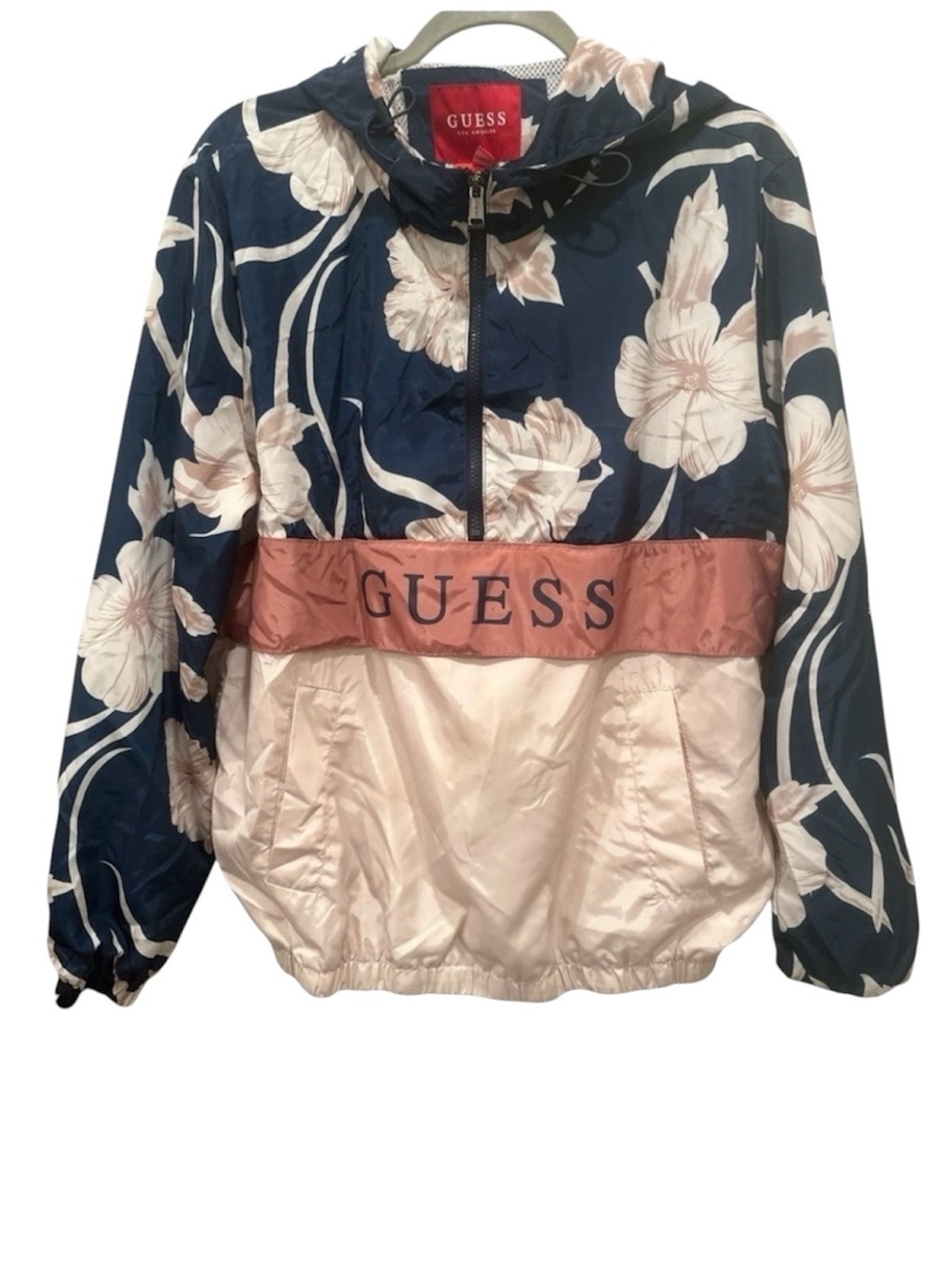 GUESS Women's Navy Pink Floral Bomber Jacket Wind Breaker Hooded  Pockets Sz M